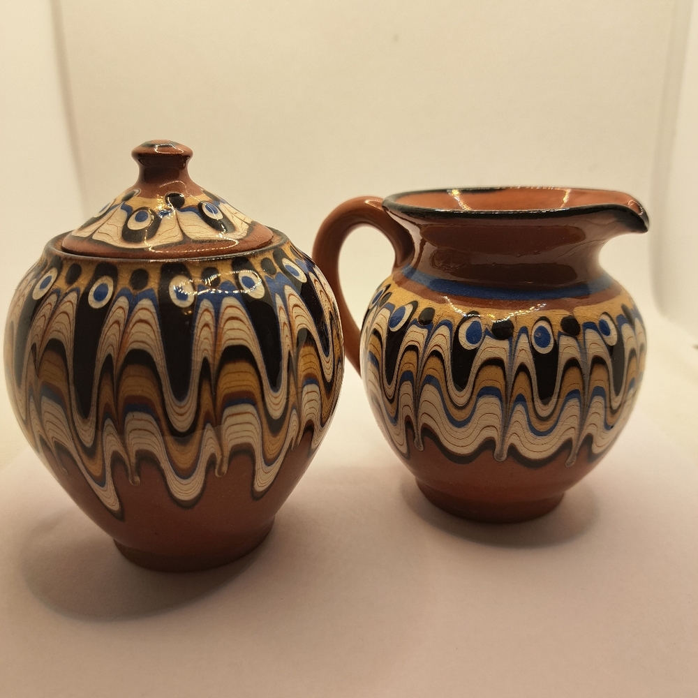 Redware Pottery Vintage Trojan, Creamer and Sugar set made Bulgaria